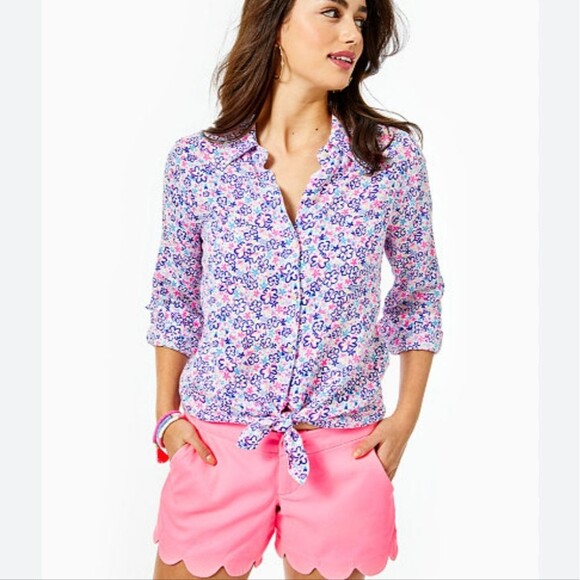 Lilly Pulitzer 100% linen floral print button down blouse, pink & blue, Small - Picture 4 of 10